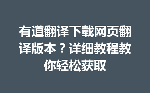 有道翻译下载网页翻译版本？详细教程教你轻松获取 一